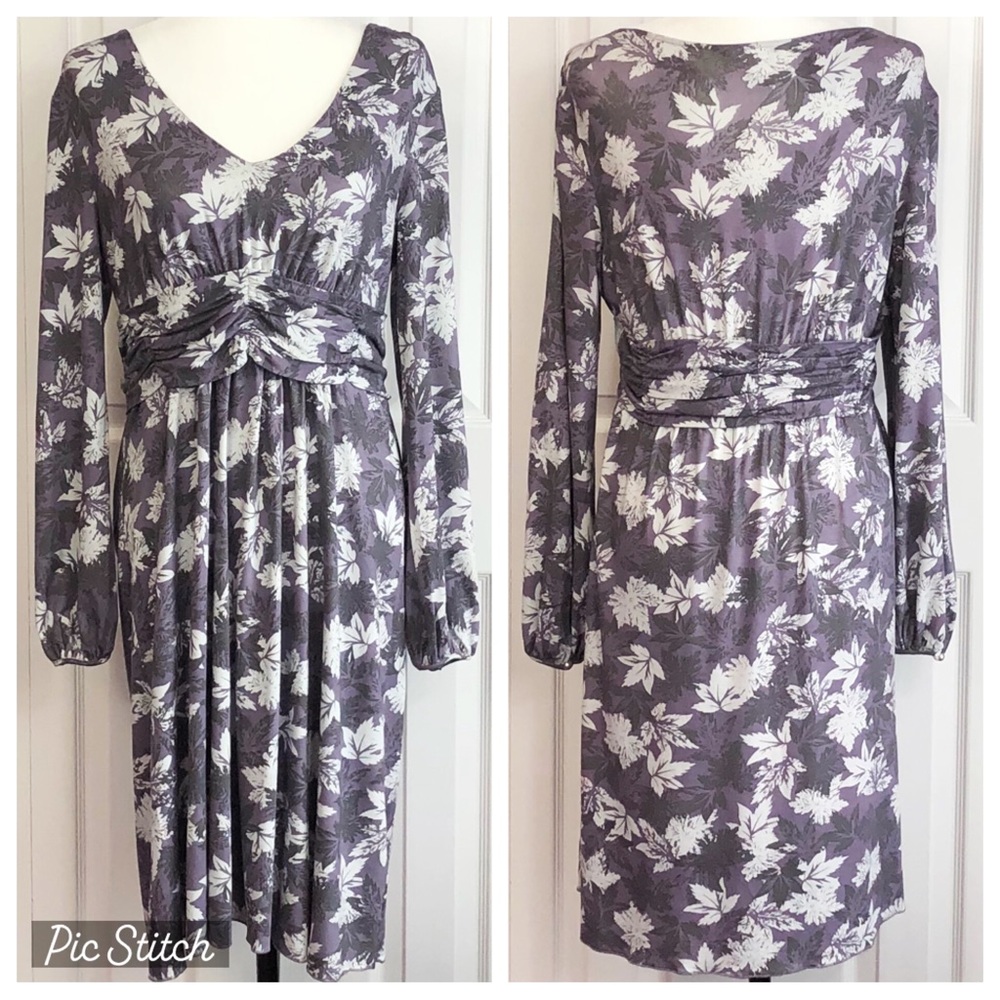 New Isabella Bird Purple Leaf Print Long Sleeve Midi Dress Large